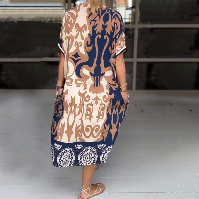 Serenity - Printed V Neck Loose Midi Dress